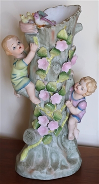 Pair of Hand Painted Lefton China Floral Tree Vases - Vining Flowers with Climbing Children Figures - Vases are 10 Tall 