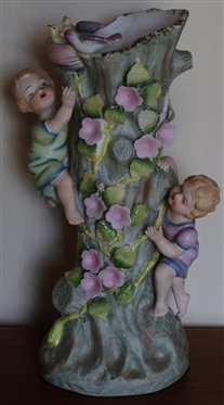 Pair of Hand Painted Lefton China Floral Tree Vases - Vining Flowers with Climbing Children Figures - Vases are 10 Tall 