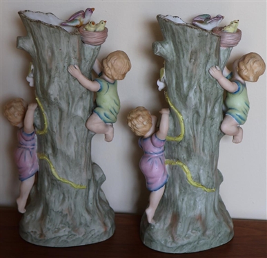 Pair of Hand Painted Lefton China Floral Tree Vases - Vining Flowers with Climbing Children Figures - Vases are 10 Tall 