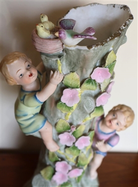 Pair of Hand Painted Lefton China Floral Tree Vases - Vining Flowers with Climbing Children Figures - Vases are 10 Tall 