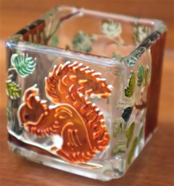 Cute Hand Painted Votive Holder with Squirrels, Trees, and Leaves - 2" Tall 2" by 2" 