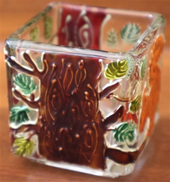 Cute Hand Painted Votive Holder with Squirrels, Trees, and Leaves - 2 Tall 2 by 2 