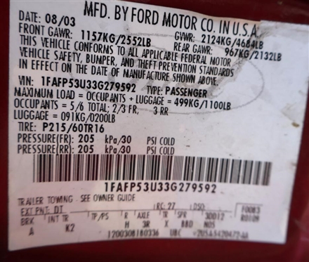 2003 Ford Taurus - 4 Door Sedan - 146,665 Miles -One Owner - Clean Cloth Interior - Cranks Right Up -  VIN 1FAFP53U33G279592
