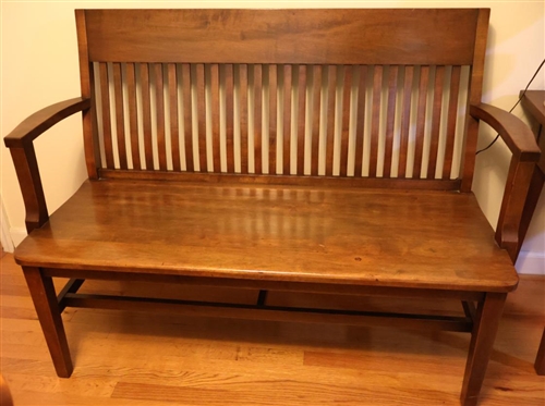 Nice Sturdy Wood Bench / Deacon's Bench - Slatted Back, Plank Bottom, Stretcher Base - 37 Tall 52 1/2 Long 