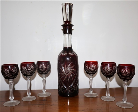 Beautiful Ruby Red Bohemian Cut To Clear Cordial Set - Decanter with 6 Cordials 
