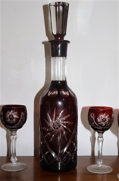 Beautiful Ruby Red Bohemian Cut To Clear Cordial Set - Decanter with 6 Cordials 