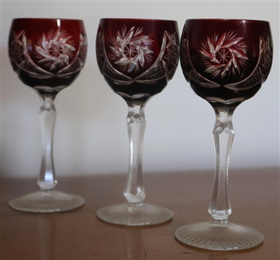 Beautiful Ruby Red Bohemian Cut To Clear Cordial Set - Decanter with 6 Cordials 