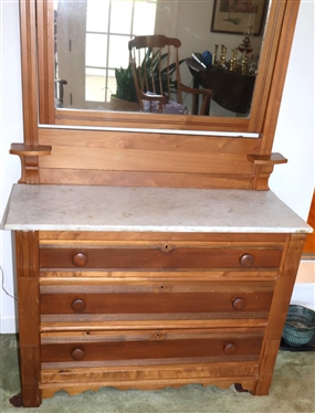 Turn of The Century Walnut  Victorian Marble Top Dresser with Mirror - 3 Cove and Pin Dovetailed Drawers - Fancy Eastlake Pediment - Measures 74 Tall 41 By 17 