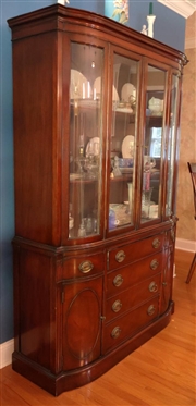 Drexel Mahogany China Cabinet with Bowed Glass Ends - Rounded Front - Adjustable Wood Shelves - Bottom with Dovetailed Drawers and Rounded Cabinet Doors - Cabinet is 72 Tall 48 Wide by 14 Deep -...