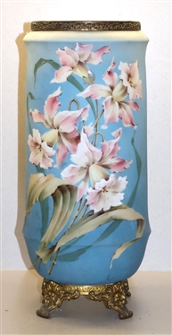 Beautiful Large Wave Crest / Mount Washington Brass Mounted Vase - Beautiful Hand Painted Iris Flowers on blue Blackground -Elegant Brass Feet - Vase is 12 1/2 Tall - Handles Have Been Removed and...
