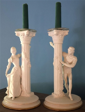 The Romeo and Juliet Candlesticks - Fine Porcelain by The Franklin Mint - 10" Tall Figural Candle Sticks