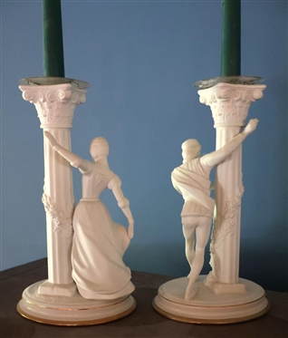 The Romeo and Juliet Candlesticks - Fine Porcelain by The Franklin Mint - 10 Tall Figural Candle Sticks