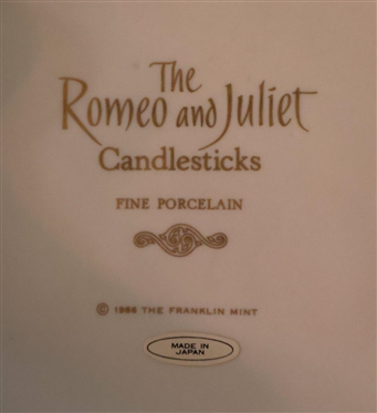 The Romeo and Juliet Candlesticks - Fine Porcelain by The Franklin Mint - 10 Tall Figural Candle Sticks