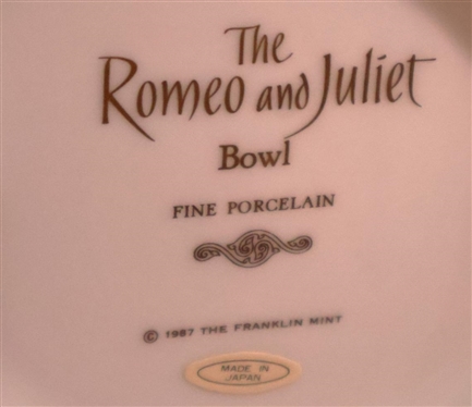 The Romeo and Juliet Bowl - Fine Porcelain by The Franklin Mint - 5 1/4 Tall 10 1/4 Across