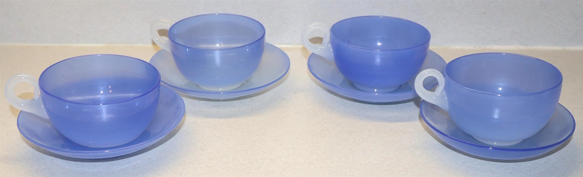 4 Effetre Murano Glass Cup and Saucer Sets - Periwinkle Blue with Clear Applied Handles - Gound and Polished Bottoms  