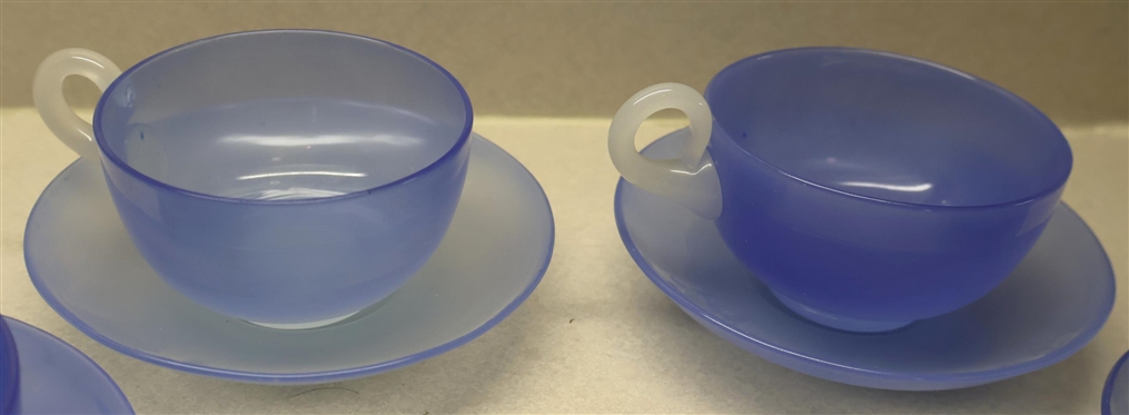 4 Effetre Murano Glass Cup and Saucer Sets - Periwinkle Blue with Clear Applied Handles - Gound and Polished Bottoms  