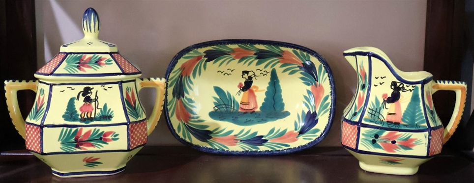 3 Pieces of Quimper France Hand painted French Pottery - Yellow Background - Cream, Sugar, and Oval Bowl - Creamer is 4 1/4 Tall - Bowl is 7 By 4 3/4 