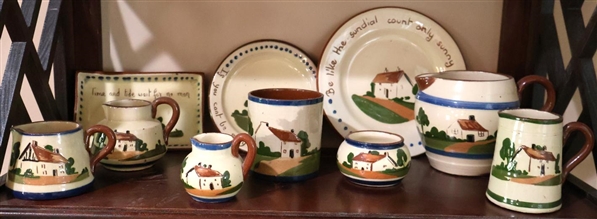 Large Collection of Devon Motto Ware - 10 Pieces  - English Pottery with Hand Painted Mottos Pieces include Individual Cream Pitchers, Small Plates, Tumbler, and Soap Dish (Repaired) - Sundial...