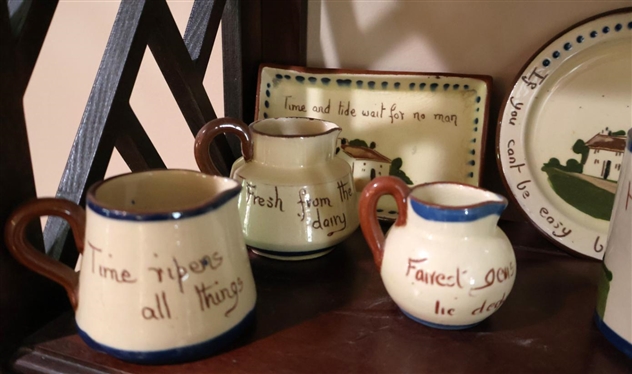 Large Collection of Devon Motto Ware - 10 Pieces  - English Pottery with Hand Painted Mottos Pieces include Individual Cream Pitchers, Small Plates, Tumbler, and Soap Dish (Repaired) - Sundial...