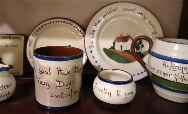 Large Collection of Devon Motto Ware - 10 Pieces  - English Pottery with Hand Painted Mottos Pieces include Individual Cream Pitchers, Small Plates, Tumbler, and Soap Dish (Repaired) - Sundial...