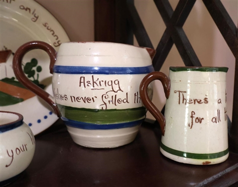 Large Collection of Devon Motto Ware - 10 Pieces  - English Pottery with Hand Painted Mottos Pieces include Individual Cream Pitchers, Small Plates, Tumbler, and Soap Dish (Repaired) - Sundial...