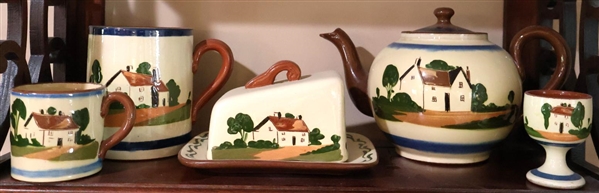 Collection of Larger Pieces of Devon Motto Ware English Pottery - Tea Pot, Large Mug, Smaller Cup, Egg Coddler, and  Cheese Dish- Tea Pot Has Thin Hairline - Large Mug is 4 1/2" Tall 
