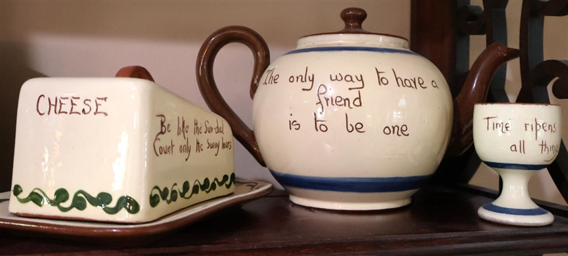 Collection of Larger Pieces of Devon Motto Ware English Pottery - Tea Pot, Large Mug, Smaller Cup, Egg Coddler, and  Cheese Dish- Tea Pot Has Thin Hairline - Large Mug is 4 1/2 Tall 