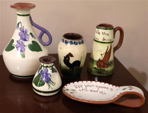 5 Pieces of Devon Motto Ware English Pottery - Spoon Rest, Miniature Vase, Creamer and Pitcher - Largest Piece is 5" Tall 