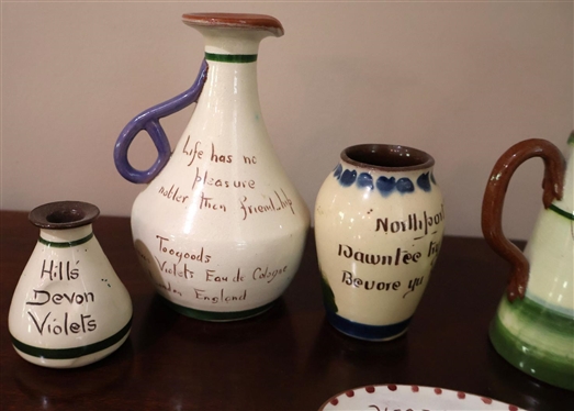 5 Pieces of Devon Motto Ware English Pottery - Spoon Rest, Miniature Vase, Creamer and Pitcher - Largest Piece is 5 Tall 