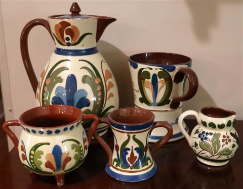 5 Pieces of Devon Motto Ware Hand Painted English Pottery - Large Pitcher 8 1/4" Tall, Mug, Creamer and 2 Loving Cups  