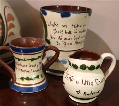 5 Pieces of Devon Motto Ware Hand Painted English Pottery - Large Pitcher 8 1/4 Tall, Mug, Creamer and 2 Loving Cups  