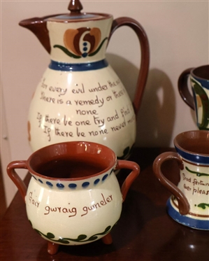 5 Pieces of Devon Motto Ware Hand Painted English Pottery - Large Pitcher 8 1/4 Tall, Mug, Creamer and 2 Loving Cups  