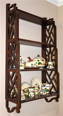 Nice Mahogany Wall Hanging What Not Shelf with Open Fretwork Sides - Attractive Scrolled Details and Plate Groove  - 38 Tall 20 by 8 1/2 