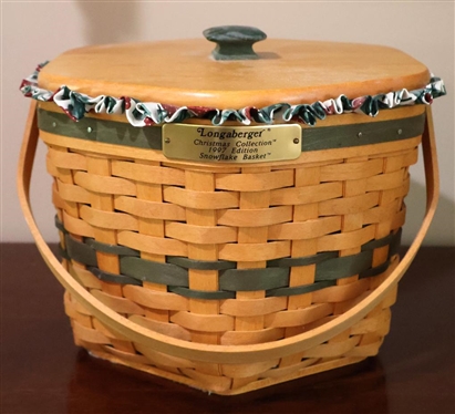 Longaberger Christmas Collection 1997 Edition "Snowflake Basket" Hexagon Shaped with Divided Plastic Insert and Cloth Liner - Basket is 7 1/2" Tall 10" Across