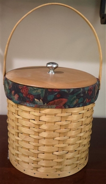 Longaberger Ice Bucket Basket - Handmade Longaberger Basket with Plastic Insulated Ice Bucket Insert - Plastic Lid and Wood Top - Longaberger Cloth Liner - Basket is 9" Tall 9" Across