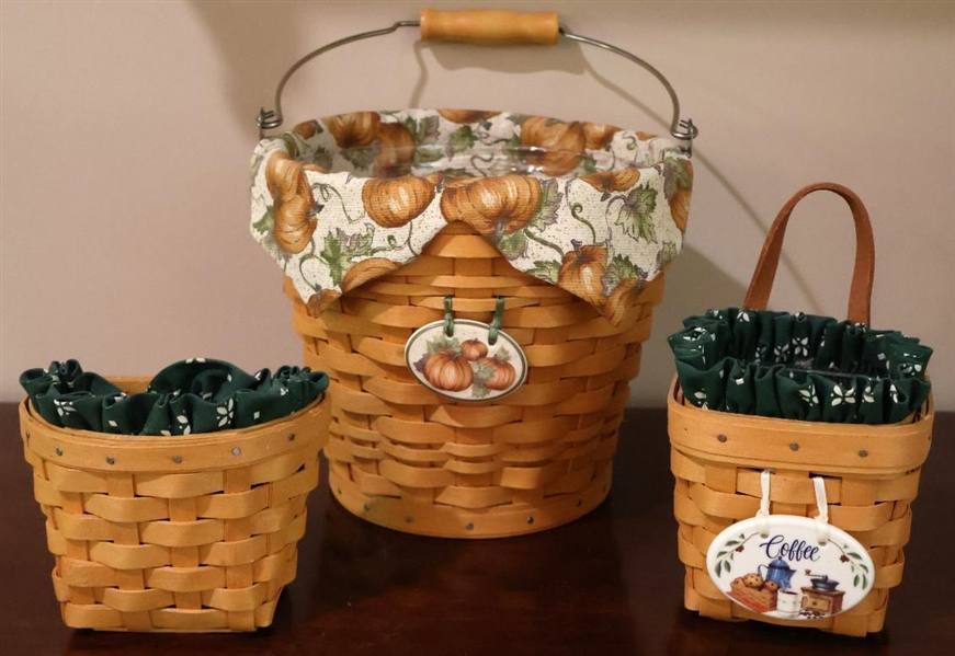 3 Longaberger Baskets - Round Basket "Pail" with Metal Handle - Pumpkin Liner and Tag, Small Coffee Basket with Leather Handle, and Other Half Basket - Both Smaller Baskets Have Matching Liners -...