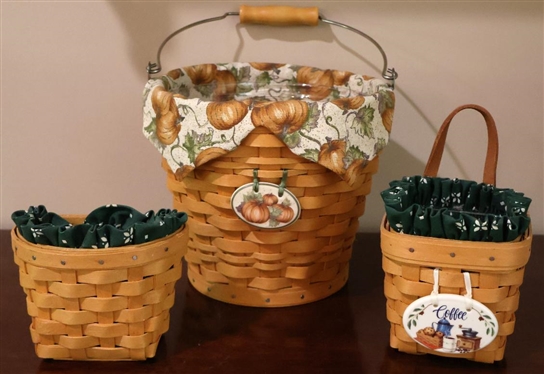 3 Longaberger Baskets - Round Basket "Pail" with Metal Handle - Pumpkin Liner and Tag, Small Coffee Basket with Leather Handle, and Other Half Basket - Both Smaller Baskets Have Matching Liners -...