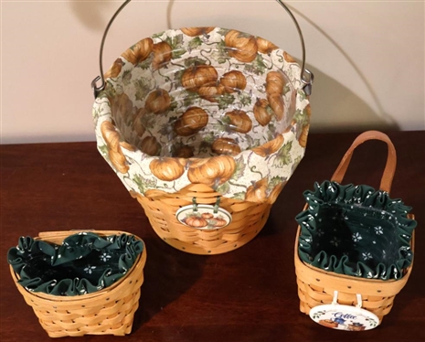 3 Longaberger Baskets - Round Basket Pail with Metal Handle - Pumpkin Liner and Tag, Small Coffee Basket with Leather Handle, and Other Half Basket - Both Smaller Baskets Have Matching Liners -...