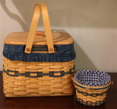 2 Longaberger Baskets - Larger Double Handle Basket with Wood Lid - Blue Plaid Liner - 8 1/2" Tall 9" Across and J.W. Collection Miniature 1998 Edition Apple Basket with Blue and White Plaid Liner...