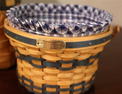 2 Longaberger Baskets - Larger Double Handle Basket with Wood Lid - Blue Plaid Liner - 8 1/2 Tall 9 Across and J.W. Collection Miniature 1998 Edition Apple Basket with Blue and White Plaid Liner...