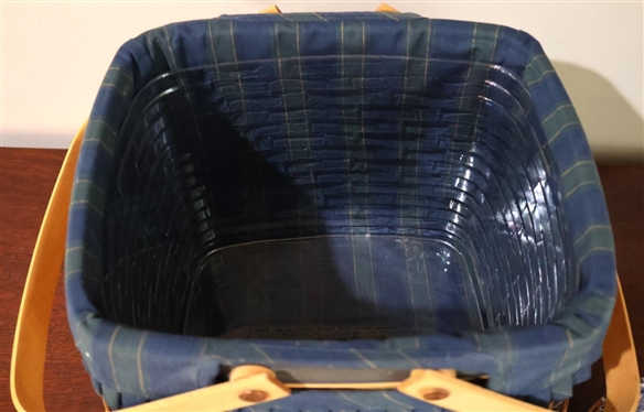 2 Longaberger Baskets - Larger Double Handle Basket with Wood Lid - Blue Plaid Liner - 8 1/2 Tall 9 Across and J.W. Collection Miniature 1998 Edition Apple Basket with Blue and White Plaid Liner...