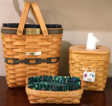 3 Longaberger Baskets - Collectors Club Membership Basket 1996 Charter member with Brass Tags, Plastic, and Fabric Liners, Tissue Basket with Wood Lid and Ceramic Tag, and Small Oval Basket 