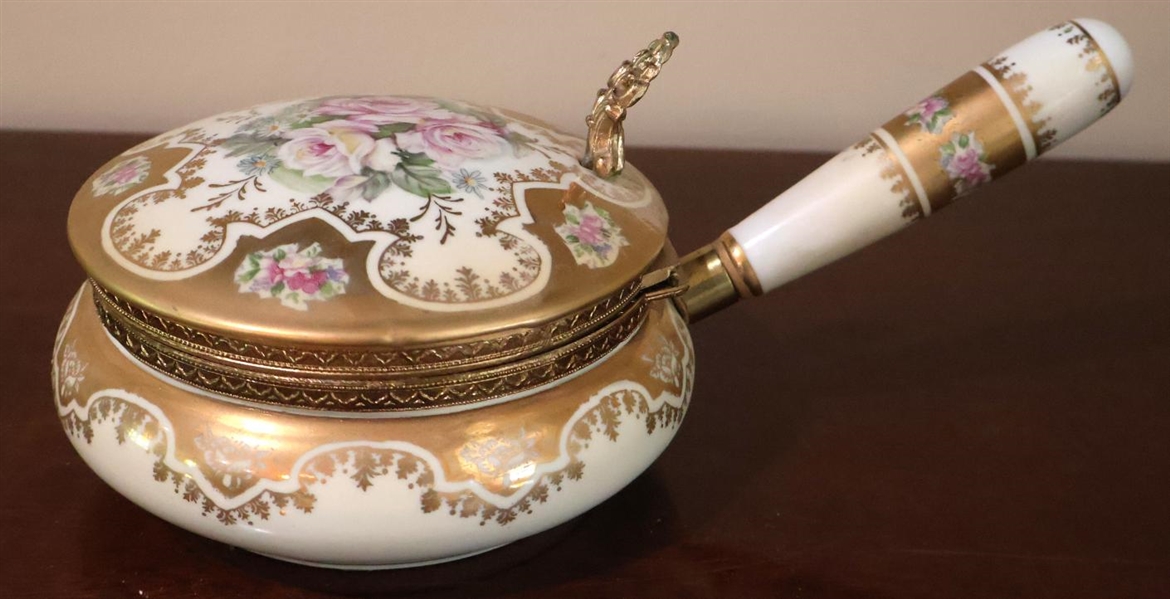 Pretty Brass Mounted Porcelain Crumb Catcher - Beautiful Flowers with Gold Trim - Fancy Brass Mounts - Porcelain Handle - 3" Tall 5" Across
