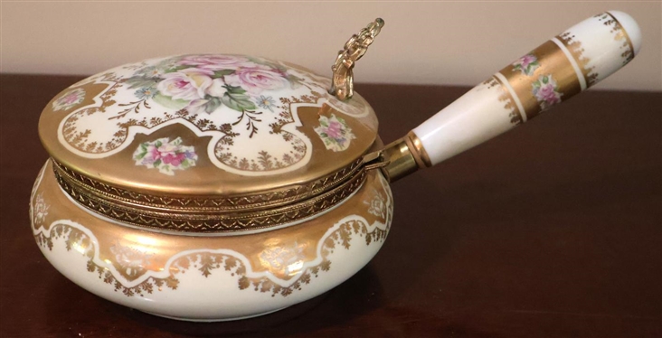 Pretty Brass Mounted Porcelain Crumb Catcher - Beautiful Flowers with Gold Trim - Fancy Brass Mounts - Porcelain Handle - 3" Tall 5" Across
