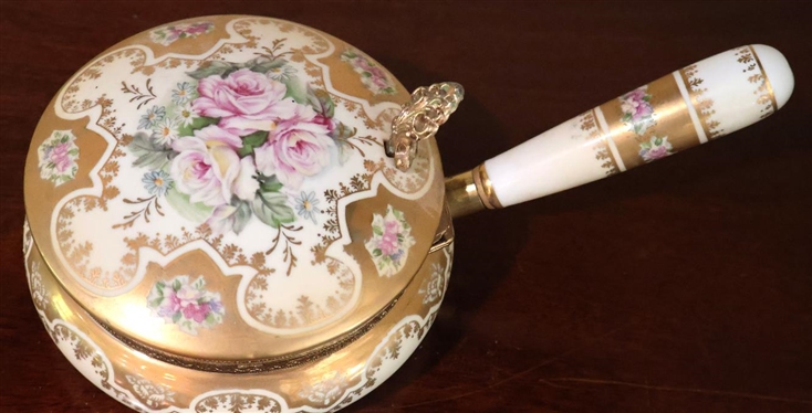 Pretty Brass Mounted Porcelain Crumb Catcher - Beautiful Flowers with Gold Trim - Fancy Brass Mounts - Porcelain Handle - 3 Tall 5 Across