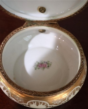 Pretty Brass Mounted Porcelain Crumb Catcher - Beautiful Flowers with Gold Trim - Fancy Brass Mounts - Porcelain Handle - 3 Tall 5 Across