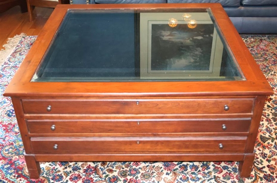 Bob Timberlake by Lexington Furniture Industries Cherry Glass Top Display Table - Square Coffee / Cocktail Table with Beveled Glass Top - Felt Lined Display Drawer Over 2 Drawers - All Dovetailed -...