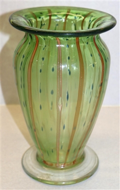 Hand Blown Art Glass Vase with Gold and Blue Accents - Applied Clear Foot - 7 Tall 4 1/4 Across Top 