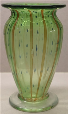 Hand Blown Art Glass Vase with Gold and Blue Accents - Applied Clear Foot - 7 Tall 4 1/4 Across Top 