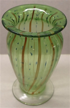 Hand Blown Art Glass Vase with Gold and Blue Accents - Applied Clear Foot - 7 Tall 4 1/4 Across Top 